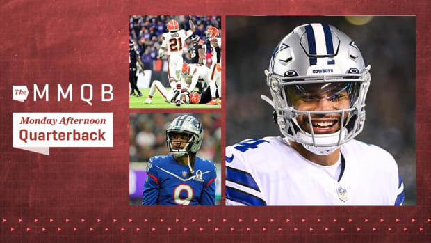 Dallas Cowboys quarterback Dak Prescott (4) during the game against the Philadelphia Eagles; Cleveland Browns cornerback Denzel Ward (21) reacts after an interception in the second quarter against the Baltimore Ravens; NFC cornerback Stephon Gilmore of the Carolina Panthers (9) looks on against the AFC during the third quarter during the Pro Bowl football game.